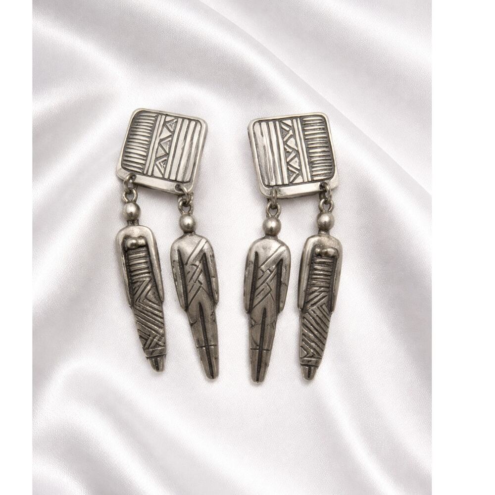 VTG Laurel Burch Earrings Vintage Signed Silver Tribal Figure Dangle Artisan Art